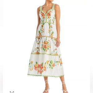 Farm Rio Mixed Tropical Romance Midi Dress Sz L Sleeveless Tiered Scalloped